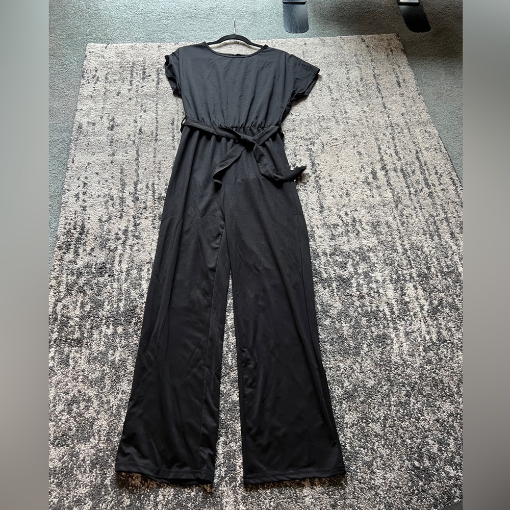 Tie Waist Wide Leg Jumpsuit, Casual Short Sleeve Crew Neck Jumpsuit